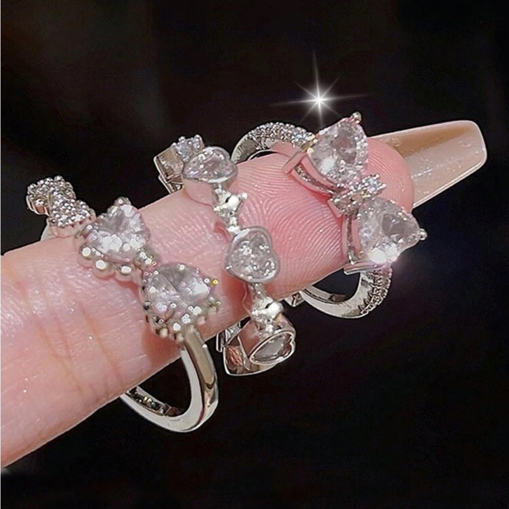 Set of 3 Simple Heart and bow Shaped Rhinestone Ring Set